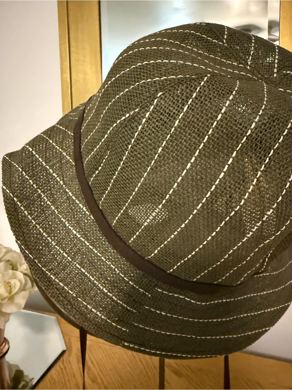 Woven Straw Bucket Hat in Olive with Contrast Stitching